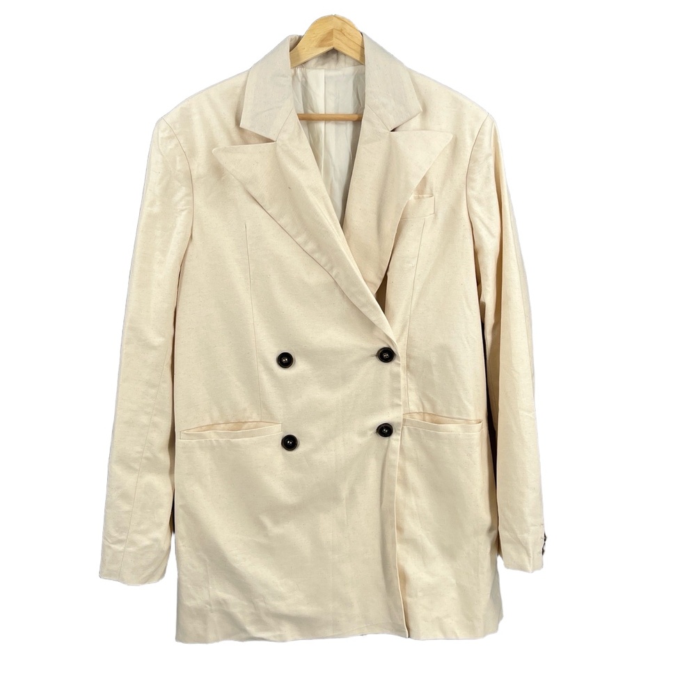 Women's Double-Breasted Jacket Cream Beige Linen-Like Fully Lined Back Vent‎ M/L